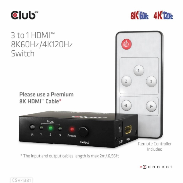 Club3D Switch 1:3 HDMI 8K60Hz/4K120Hz, 3 porty