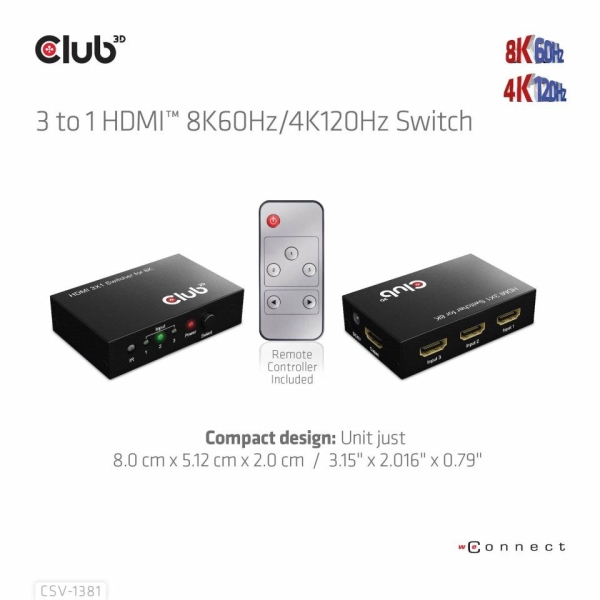 Club3D Switch 1:3 HDMI 8K60Hz/4K120Hz, 3 porty