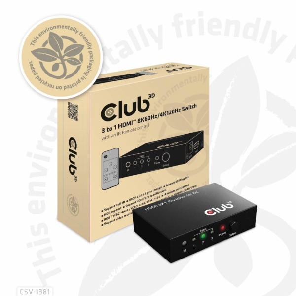Club3D Switch 1:3 HDMI 8K60Hz/4K120Hz, 3 porty