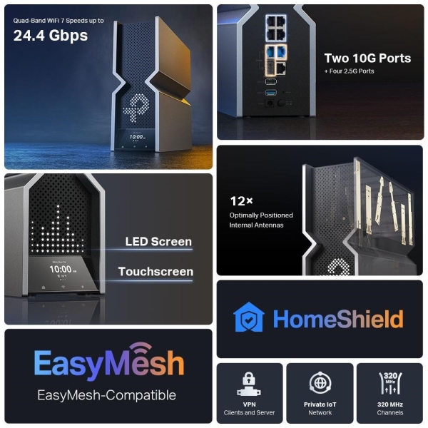 TP-Link Archer BE900 OneMesh/EasyMesh WiFi7 router(BE24000,2,4GHz/5GHz/6GHz,1x10GbELAN/WAN,1xSFP+/10GbEWAN/LAN,4x2,5GbE)