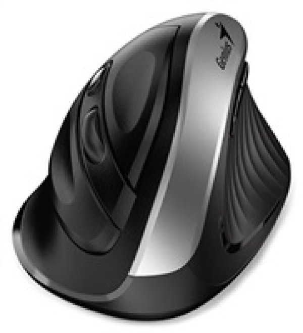 Genius Myš Ergo 8250S, 1600DPI, 2.4 [GHz], optická, 6tl., bezdrátová, černo-stříbrná, 1 ks AA, vertikální