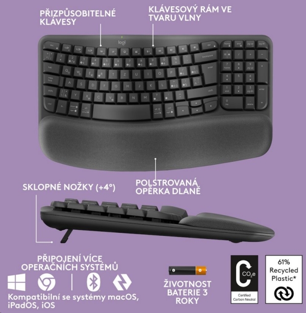 Logitech Wave Keys wireless ergonomic keyboard GRAPHITE-CZE-SKY-2.4GHZ/BT INTNL