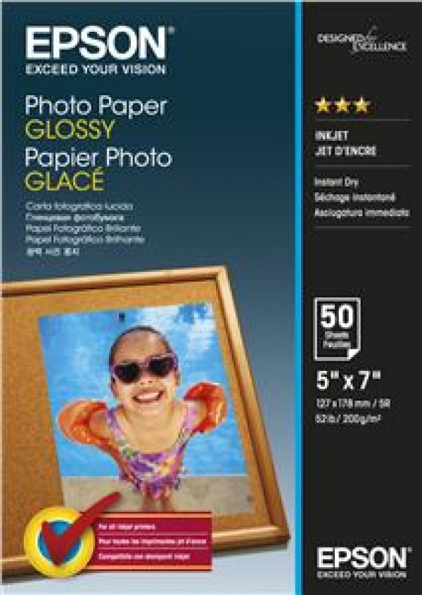 Epson Glossy Photo Paper, foto papír, lesklý, bílý, 13x18cm, 200 g/m2, 50 ks, C13S042545, inkoustový