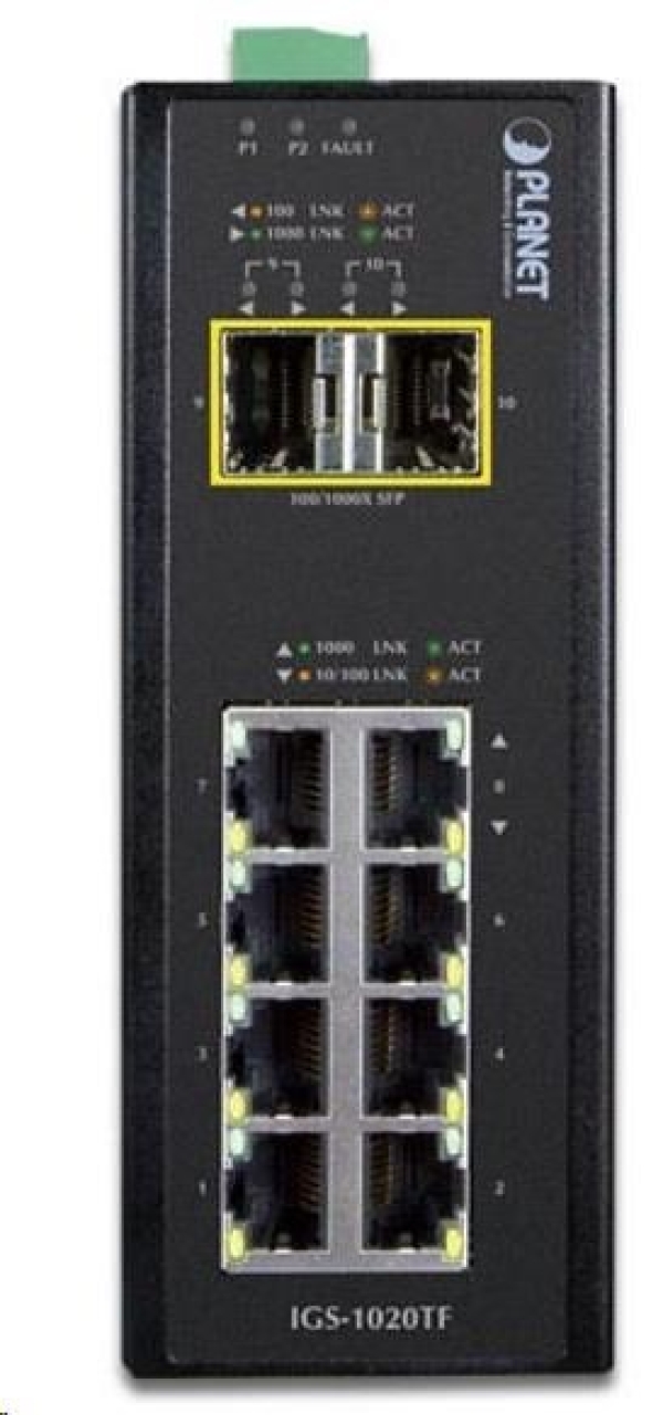 Planet IGS-1020TF, Switch, průmyslový, 8x 10/100/1000T, 2x 100/1000X SFP, -40~+75°C