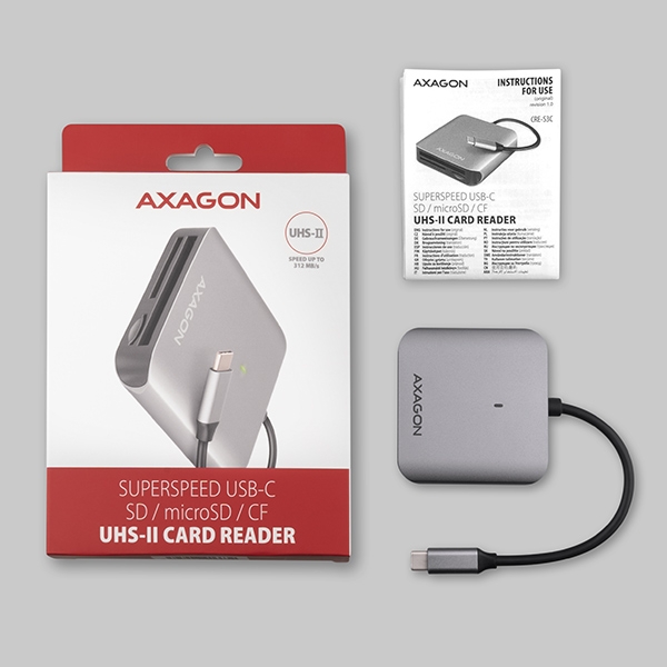 AXAGON CRE-S3C, USB-C 3.2 Gen 1 - SUPERSPEED čtečka karet, 3-slot & lun SD/microSD/CF, podpora UHS-II