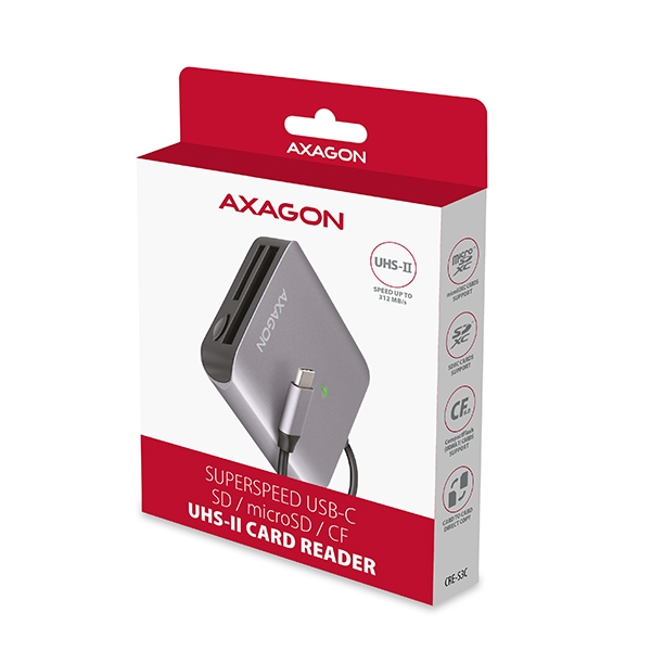 AXAGON CRE-S3C, USB-C 3.2 Gen 1 - SUPERSPEED čtečka karet, 3-slot & lun SD/microSD/CF, podpora UHS-II