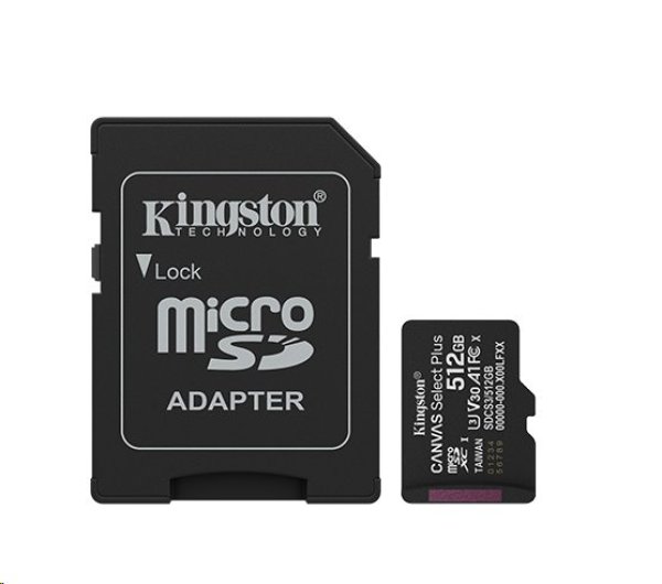 Kingston MicroSDXC karta 512GB Canvas Select Plus, U3, V30, A1, SD Adaptér