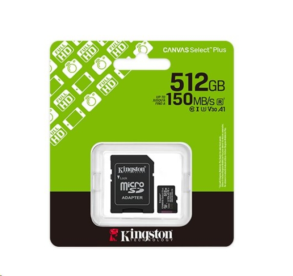Kingston MicroSDXC karta 512GB Canvas Select Plus, U3, V30, A1, SD Adaptér