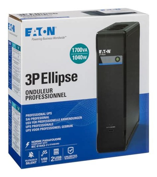 Eaton 3P Ellipse UPS USB FR, 1700 VA, 1040 W, Vstup: C14, Výstupy: (4) Typ E, (4) Pouze přepěťová ochrana Typ E