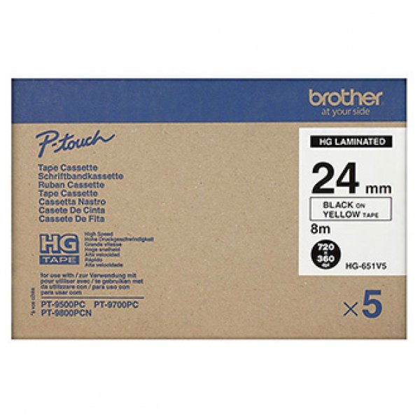 Brother HGE-651V5 - Černá na žluté - Role (2,4 cm x 8 m) 5 kazeta/y lamino páska - pro P-Touch PT-9500pc, PT-9700PC, PT-9800PCN; P-Touch R RL-700S
