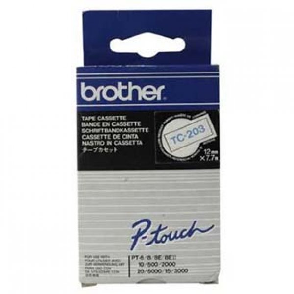 Brother originální páska do tiskárny štítků, Brother, TC-203, modrý tisk/bílý podklad, laminovaná, 7.7m, 12mm