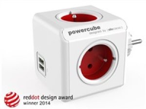 Rozbočovací zásuvka 240V, CEE7 (vidlice) - POWERCUBE, 0.1m, ORIGINAL USB, červená, POWERCUBE, 4 zásuvky, 2xUSB porty