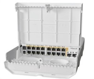 MikroTik Cloud Router Switch CRS318-16P-2S+OUT, 800MHz CPU, 256MB, 16x10/100/1000 (PoE-out),2xSFP+, vč.L5, venkovní