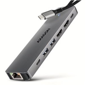AXAGON HMC-7HX2, USB 5Gbps hub, 2x USB-A, USB-C, 2x HDMI 4k/60Hz, RJ-45 GLAN, PD 100W, kabel USB-C 15cm