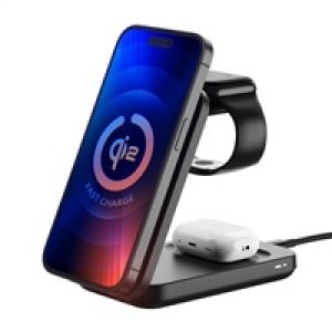 3mk bezdrátová nabíječka - MagRocket 3-in-1, technologie Qi2, 15W, černá