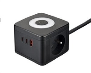 Viking síťový adaptér YC23L, 2x 230 V, 1x USB-A, 2x USB-C, dotykové světlo, délka 1,4 m, černá