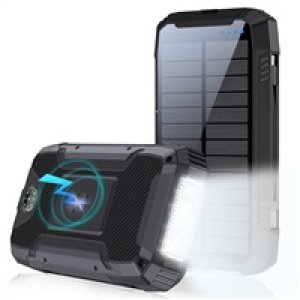 WG - Power Bank 20000 mAh, solarní panel + bezdrátové nabíjení 15W + svítilna + kompas, USB-C PD 20W, černá