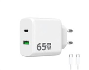 WG - Síťová nabíječka GaN 2x USB 65W, 1x USB-C PD 65W + 1x USB-A QC 3.0 18W, kabel Type-C na Type-C, bílá