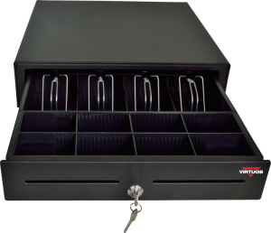 Virtuos pokladní zásuvka S-410C - s kabelem, pořadač 4/8, 9-24V, černá
