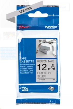 BROTHER TZE-R931 - kazeta TZ šířky 12mm, TEXTILNÍ páska 4m- pro tvorbu dárků - NELEPÍCÍ - STŘÍBRNÁ PÁSKA, ČERNÝ POTISK