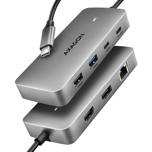 AXAGON HMC-CUB83X2, USB 10Gbps hub, 2x USB-A, USB-C, HDMI & DP 4k/144Hz, RJ-45, PD 100W, kabel 15cm