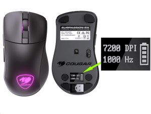COUGAR herní myš bezdrátová SURPASSION RX 2.4GHz čip PMW3330 72000dpi RGB LED, LCD screen