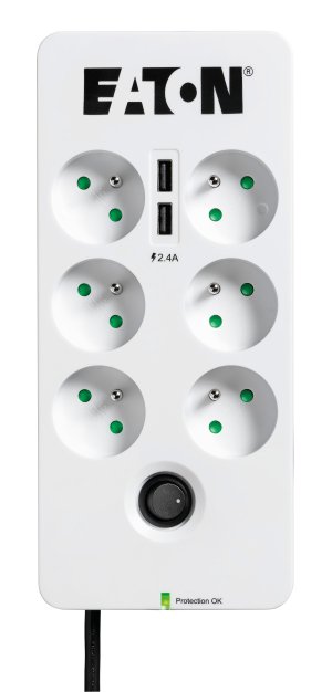 EATON Protection Box 6 USB FR, přepěťová ochrana, 6 výstupů, zatížení 10A, 2x USB port